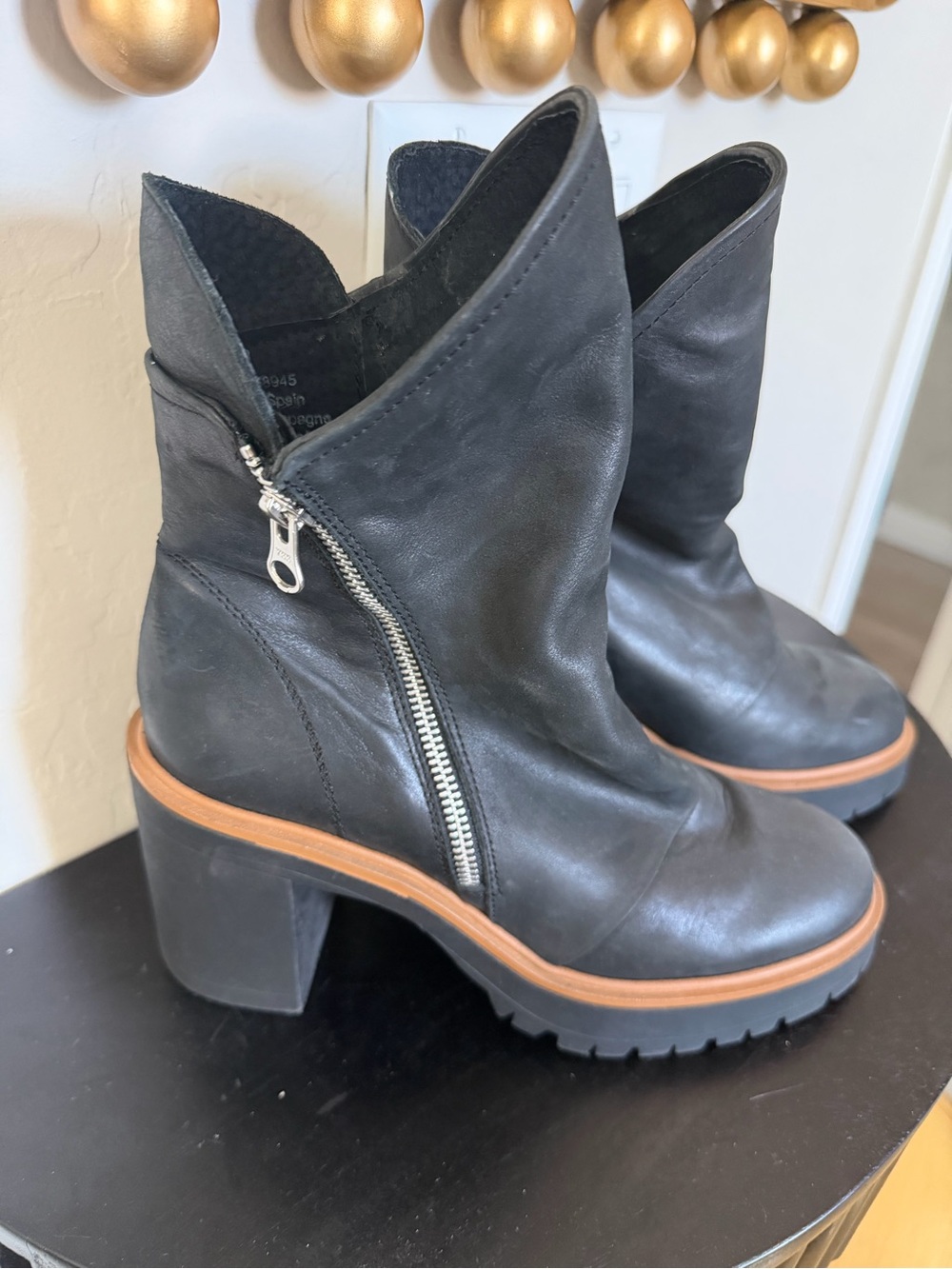 Free People Black Leather Chunky Heel Ankle Boots with Tan Trim